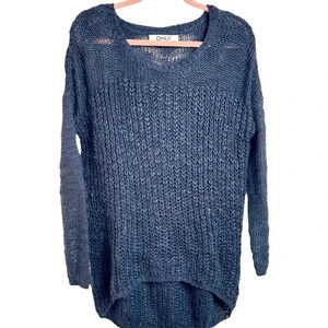 Only oversized chunky knit sweater, M navy, sheer sleeves Preppy Coastal Classic